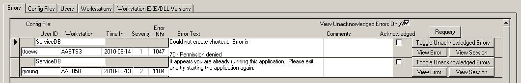 Enterprise Edition - Errors Log screen